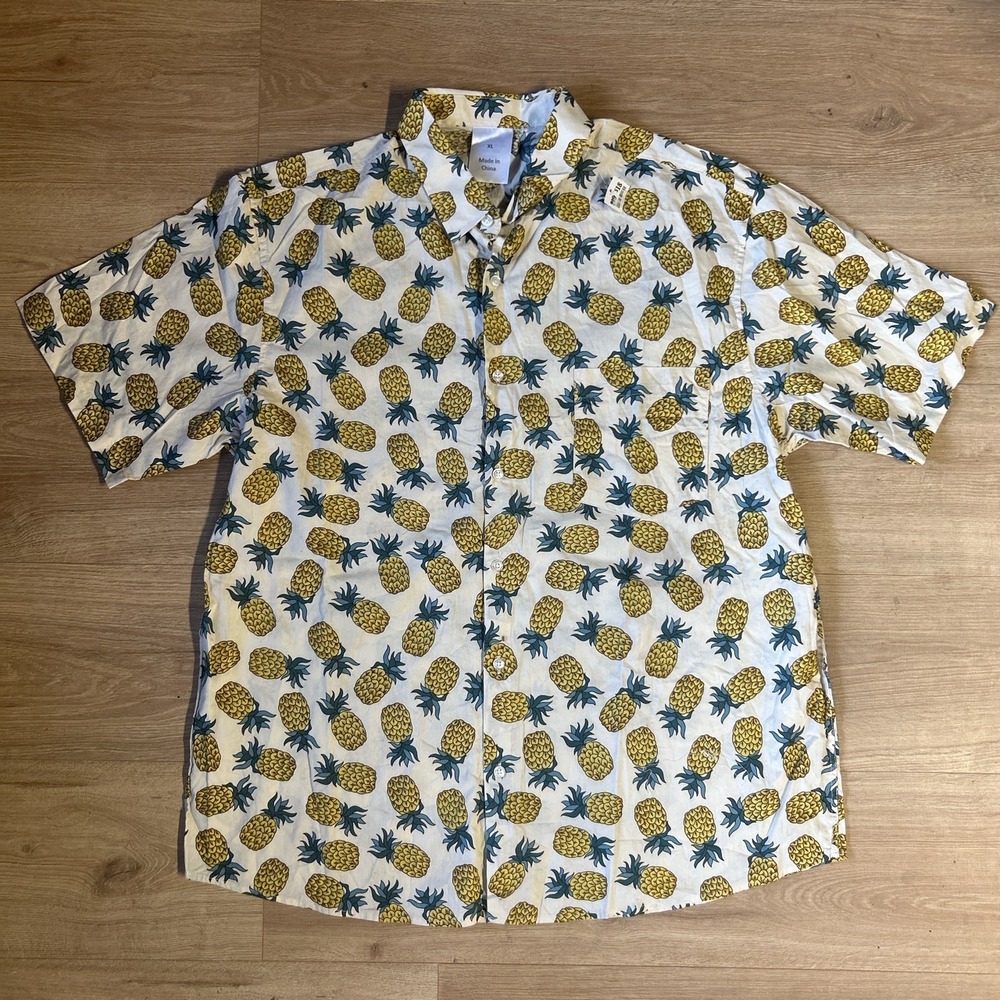 Mens XL White Pineapple Print Short Sleeve Button Down Tropical Hawaiian Shirt
